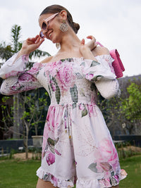 SASSAFRAS Floral Printed Off-Shoulder Smocked Playsuit