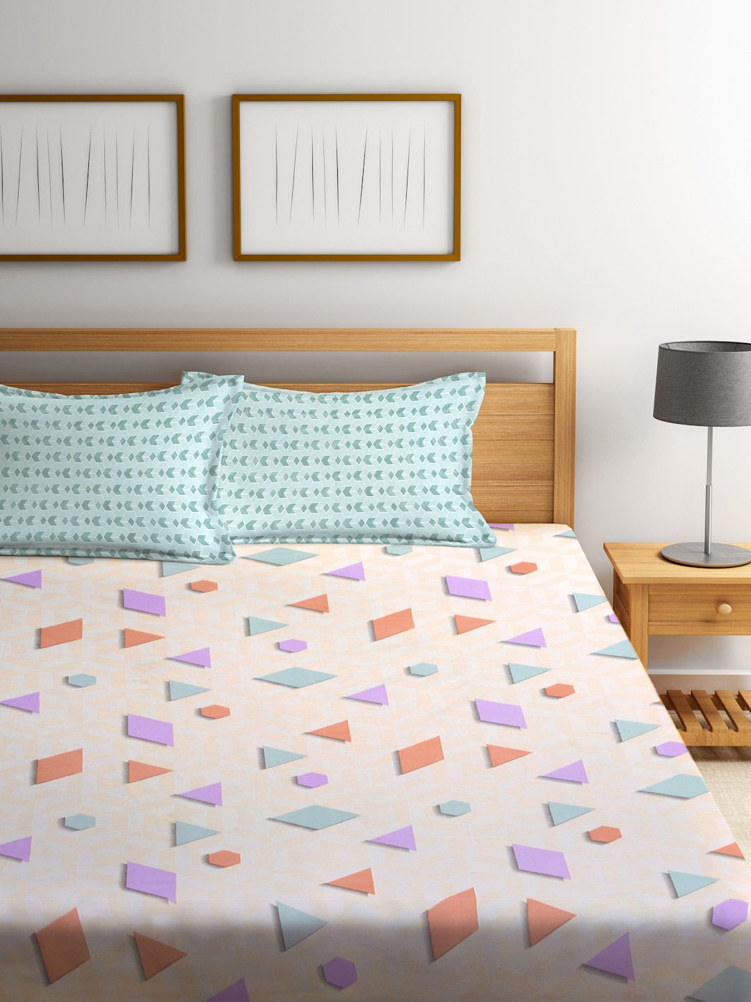 Myntra Elegant Homes White Geometric Printed 300 TC King Bedsheet Set 2.50 m x 2.20 m
