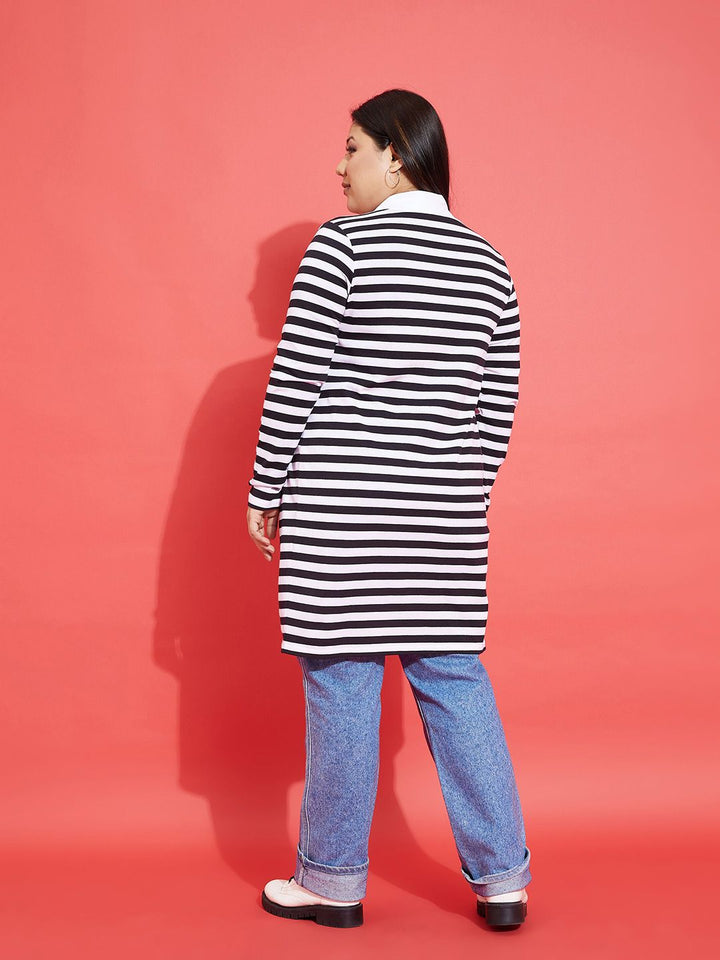 SASSAFRAS Curve Plus Size Striped Cotton Longline Open Front Shrug