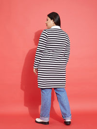 SASSAFRAS Curve Plus Size Striped Cotton Longline Open Front Shrug