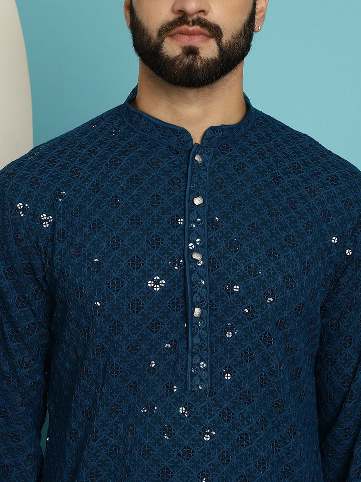 SOJANYA Geometric Embroidered Mandarin Collar Long Sleeves Pure Cotton Kurta With Churidar
