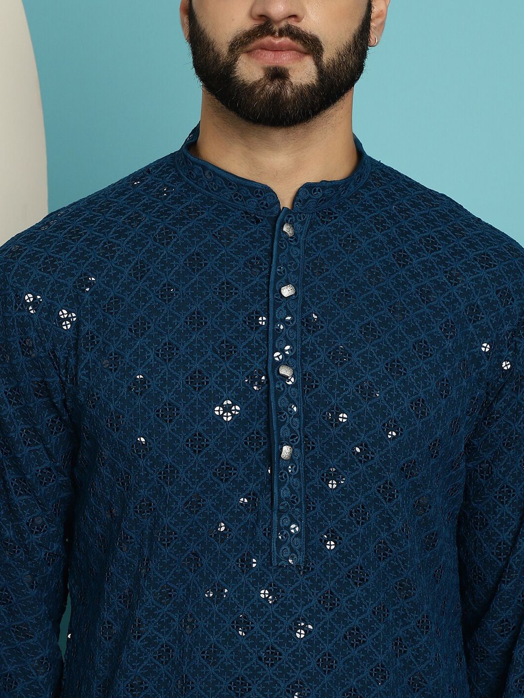 SOJANYA Geometric Embroidered Mandarin Collar Long Sleeves Pure Cotton Kurta With Churidar