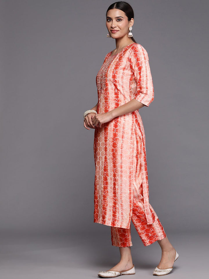 Libas Women Red Yoke Design Sequinned Kurta with Trousers & With Dupatta