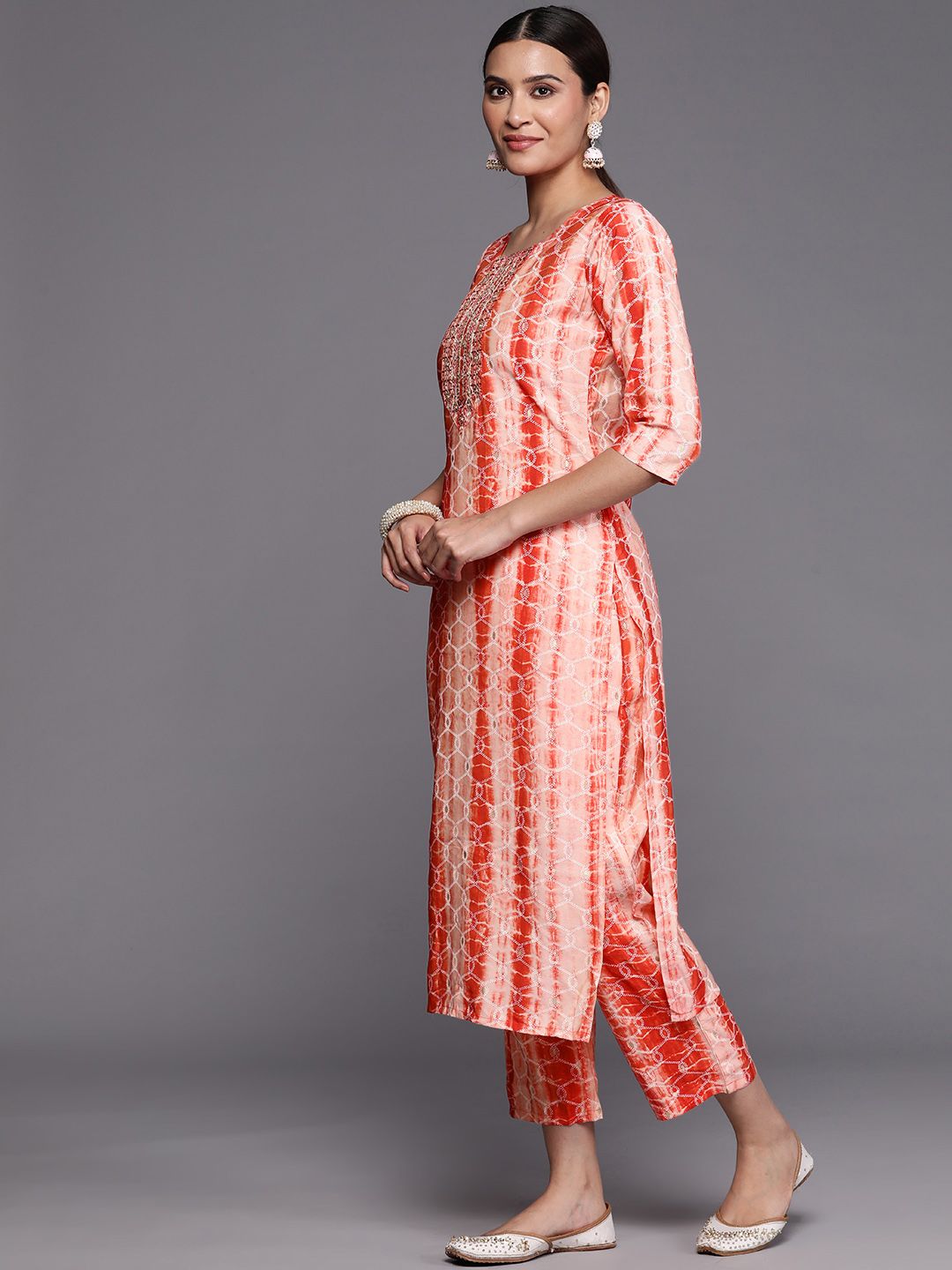 Libas Women Red Yoke Design Sequinned Kurta with Trousers & With Dupatta