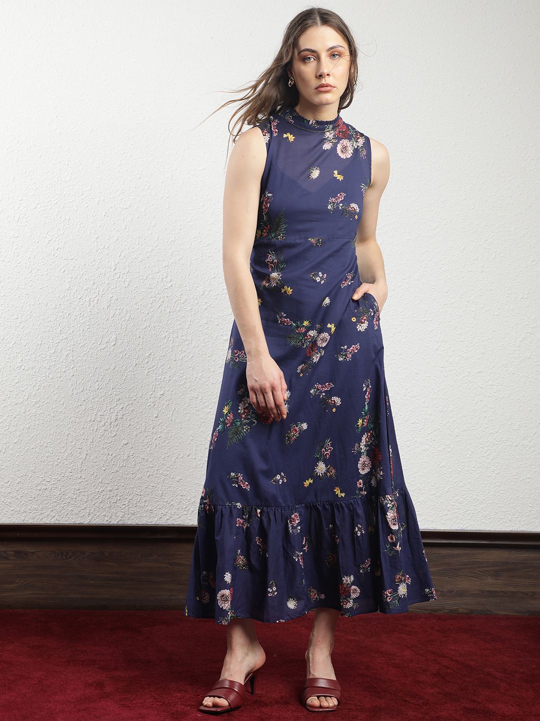 RAREISM High Neck Floral Printed A-Line Dress