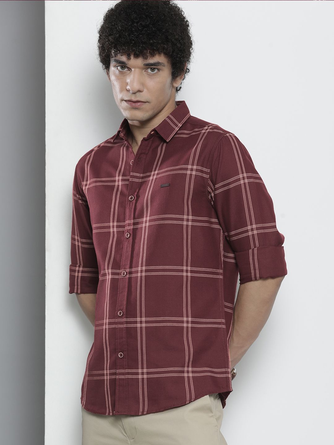 The Indian Garage Co Men Burgundy Checked Casual Shirt