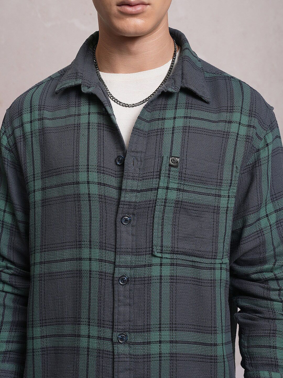 Locomotive Men Blue Dobby Textured Checked Cotton Overshirt