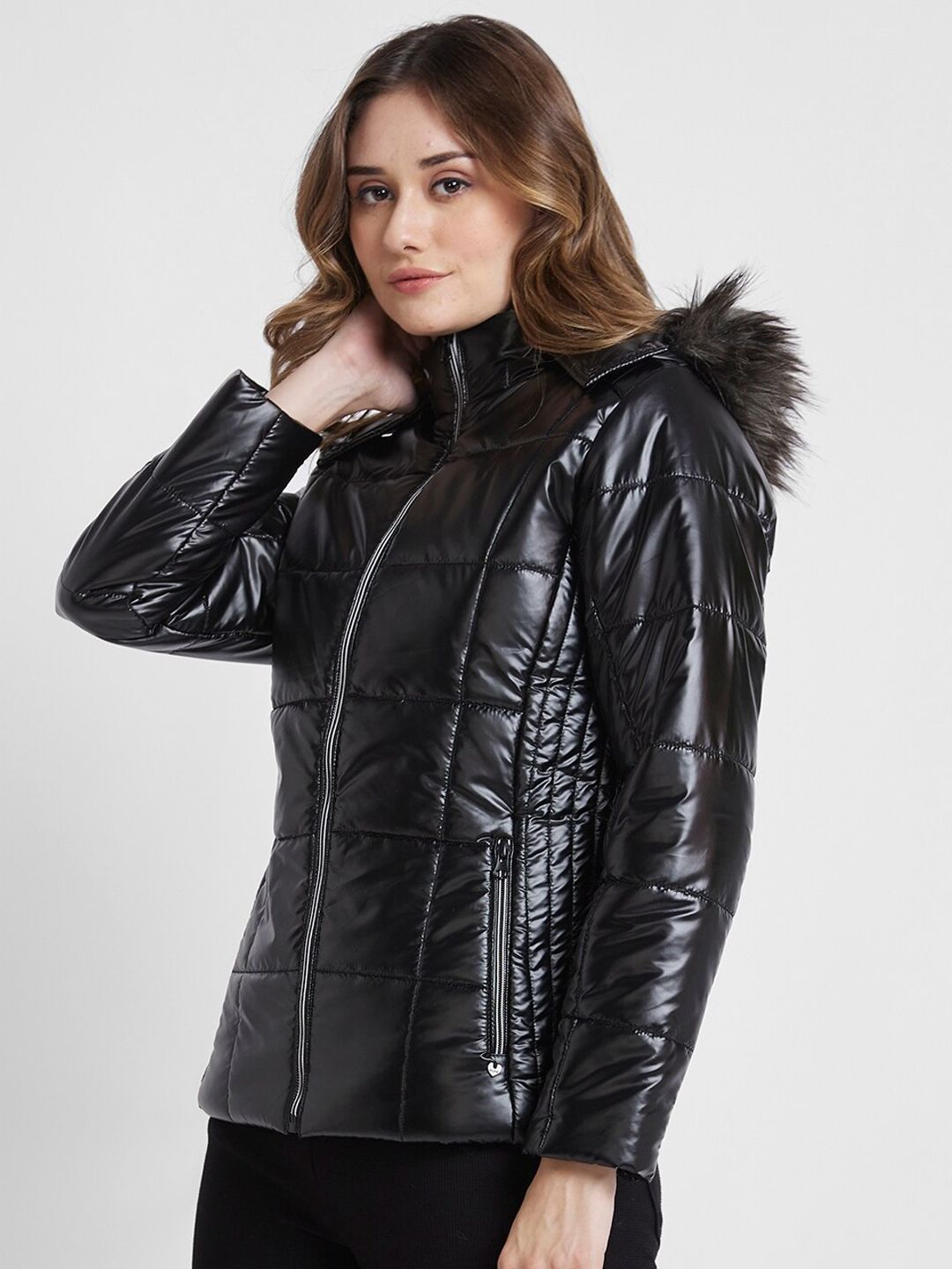 SPYKAR Hooded Regular Quilted Jacket With With Faux Fur Trim