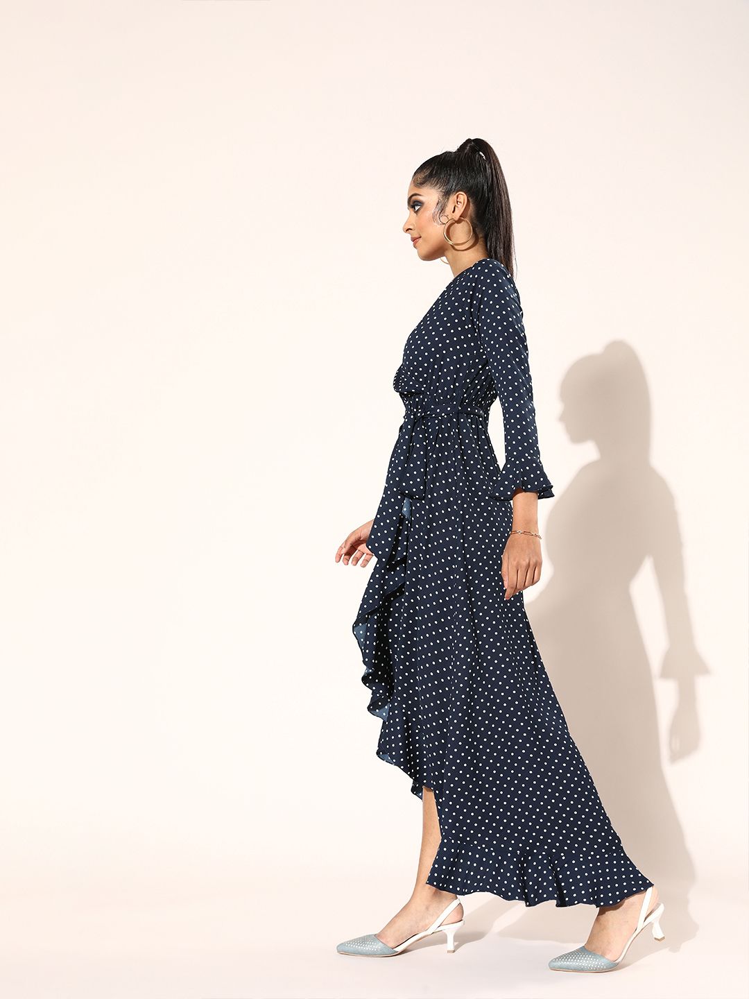 Berrylush Navy Blue & White Polka Dot Print Maxi Wrap Dress