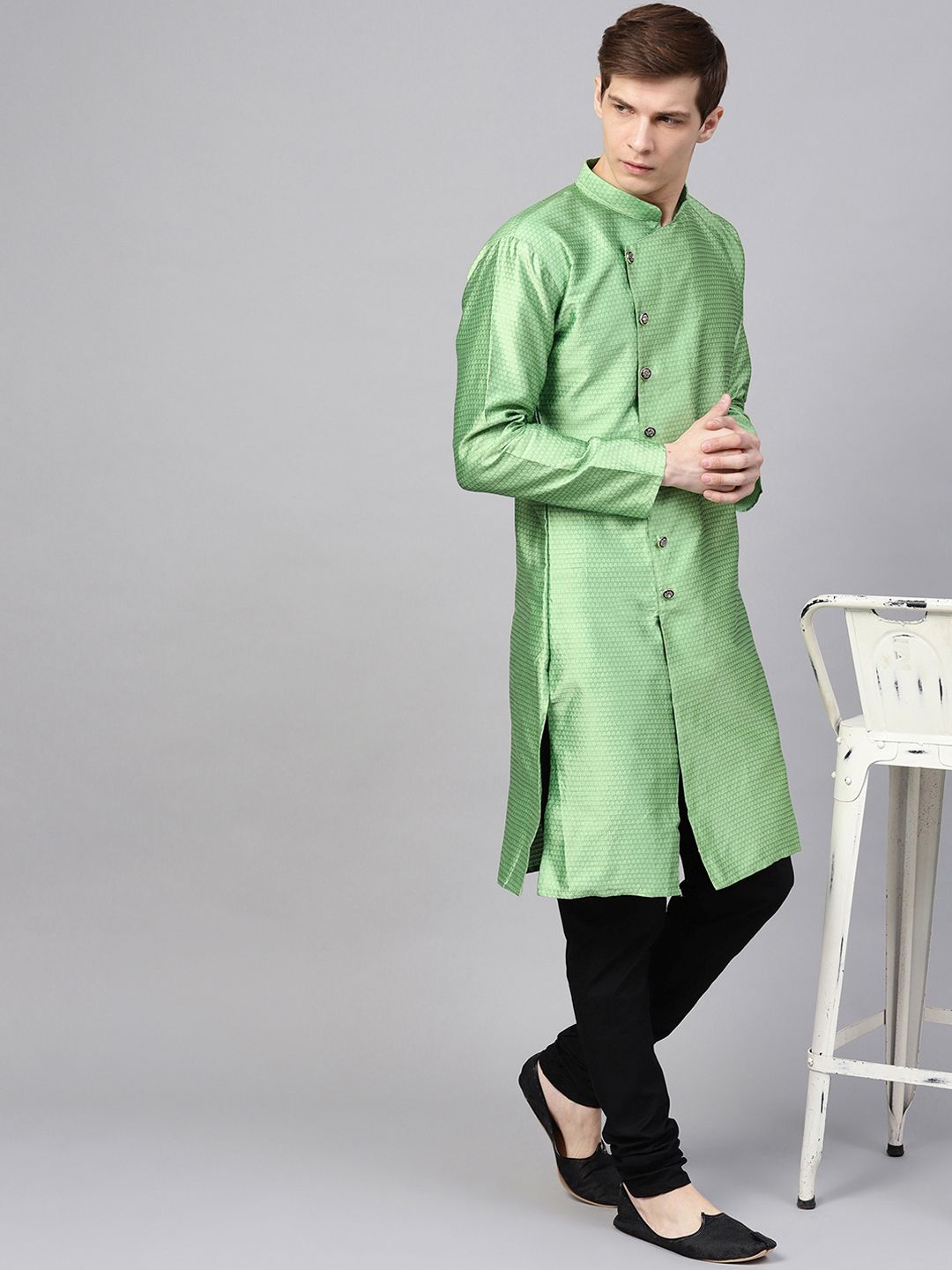 SOJANYA Men Green Woven Design Straight Kurta