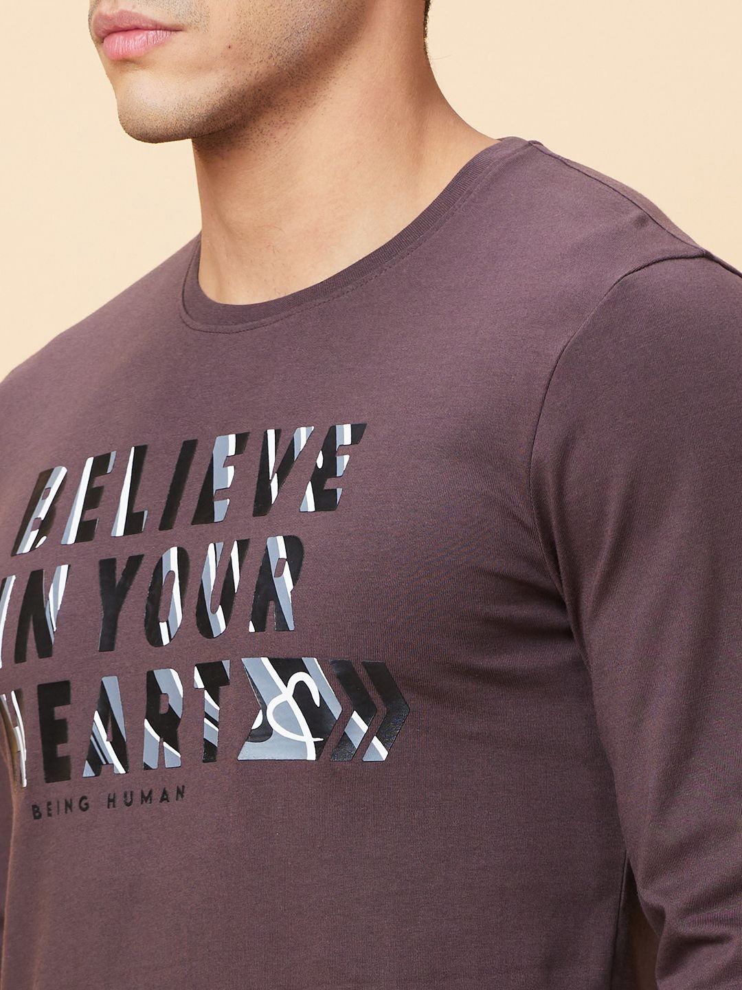 Being Human Men Varsity Printed Henley Neck Applique T-shirt