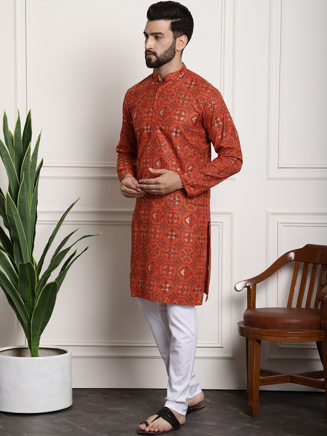 SOJANYA Ethnic Motifs Printed Band Collar Straight Kurta With Churidar