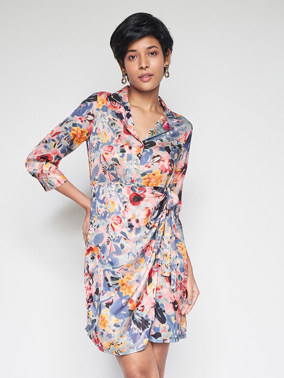 AND Floral Printed Lapel Collar Cuffed Sleeves Tie-Up Detailed A-Line Dress