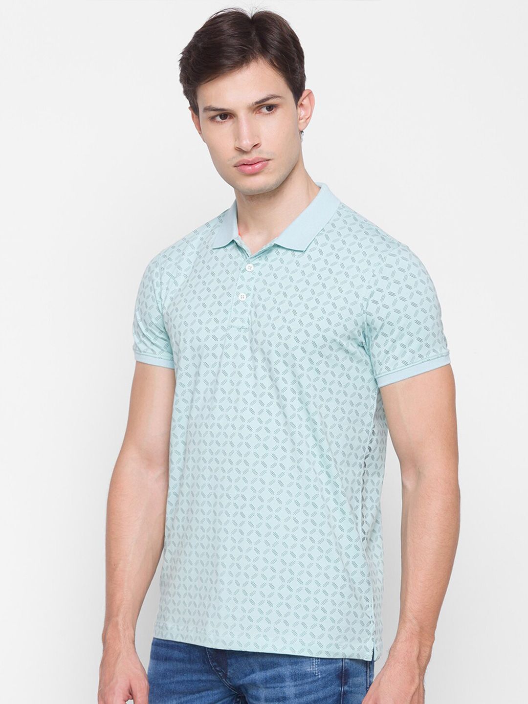 SPYKAR Men Blue Printed Polo Collar Slim Fit T-shirt