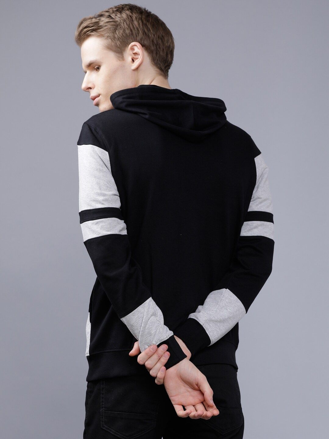 The Indian Garage Co Men Black & Grey Colourblocked Hooded Sweatshirt