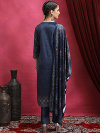 Vishudh Navy Blue Floral Printed Mandarin Collar Straight Kurta & Palazzos With Dupatta
