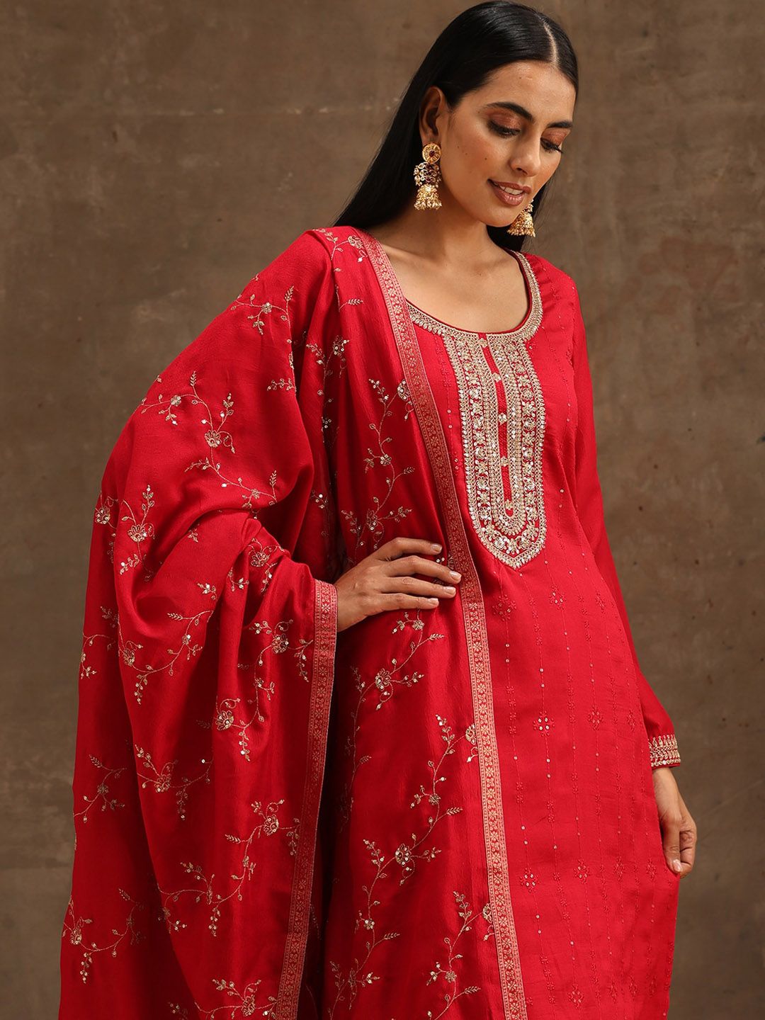 Libas Red & Gold-Toned Ethnic Motifs Embroidered Sequined Kurta with Trousers & Dupatta