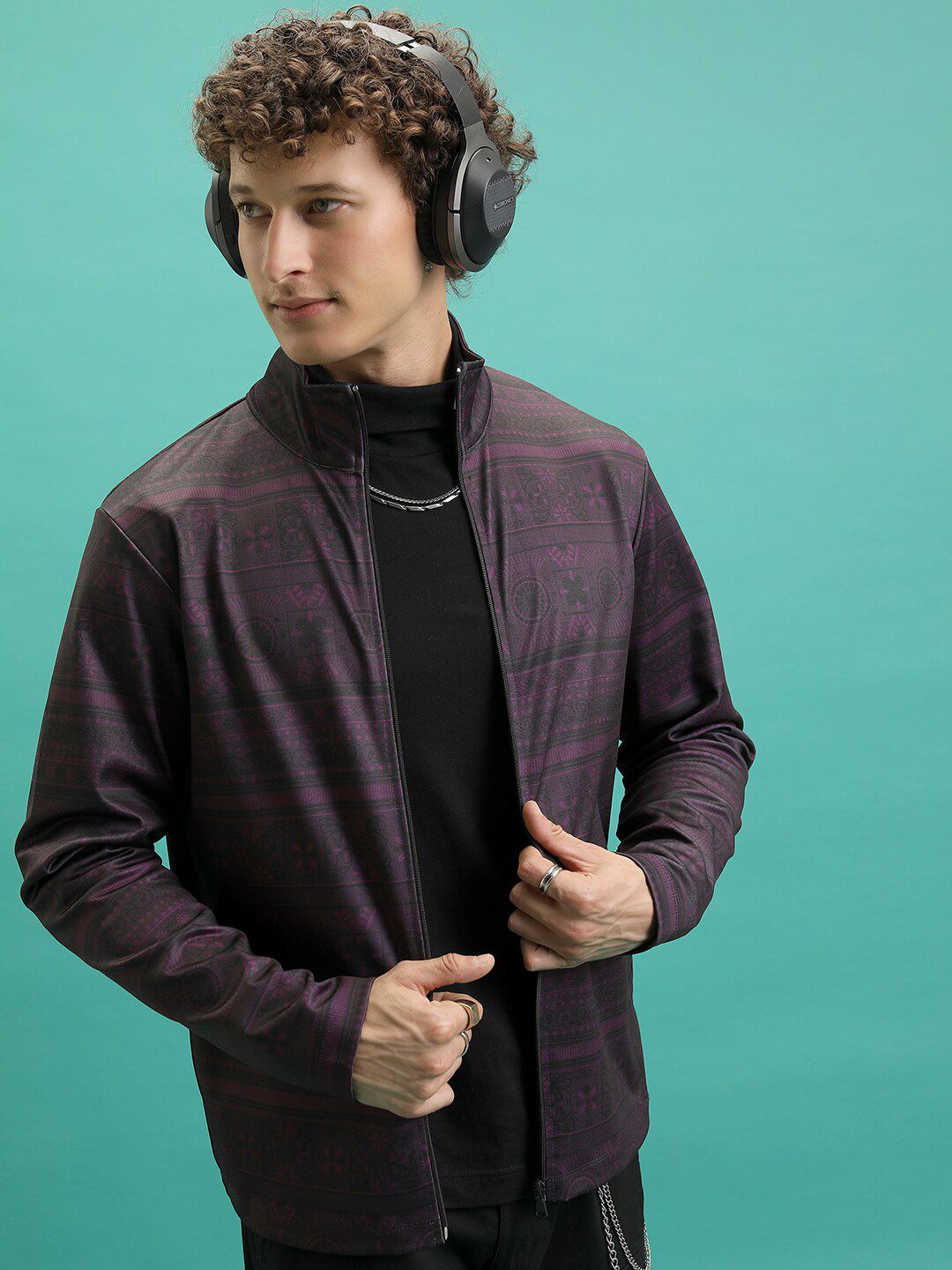 HIGHLANDER Regular Fit Geometric Printed Mock Collar Tailored Jacket