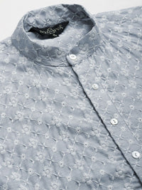 SOJANYA Kurta Bersulam Chikankari Kelabu Lelaki dengan Jaket Churidar & Nehru