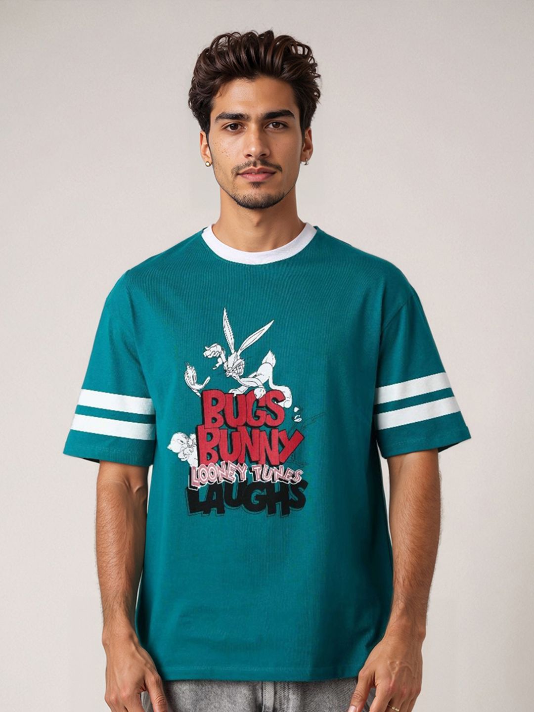 The Indian Garage Co Men Bugs Bunny Graphic Printed Pure Cotton Relaxed Fit T-shirt