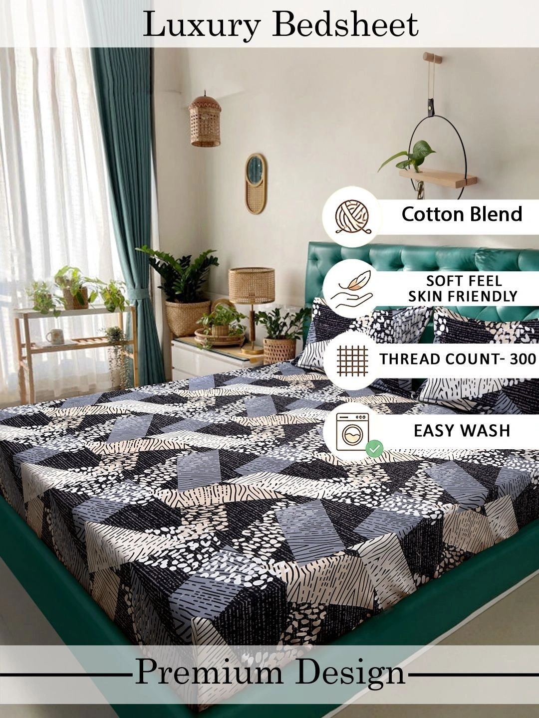 Myntra Elegant Homes Black & Brown Geometric 300 TC Bedsheet with 2 Pillow Covers