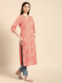 Anouk Women Coral Orange & White Bandhani Printed V-Neck Pure Cotton Straight Kurta