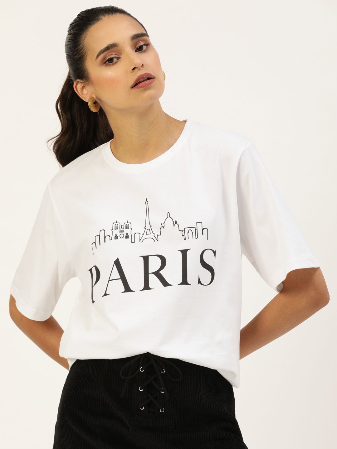 DILLINGER Women White Printed Round Neck  Longline Oversized Pure Cotton T-shirt
