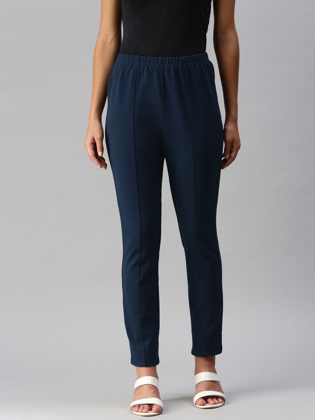 Global Desi Women Blue Solid Tapered Fit Cigarette Trousers
