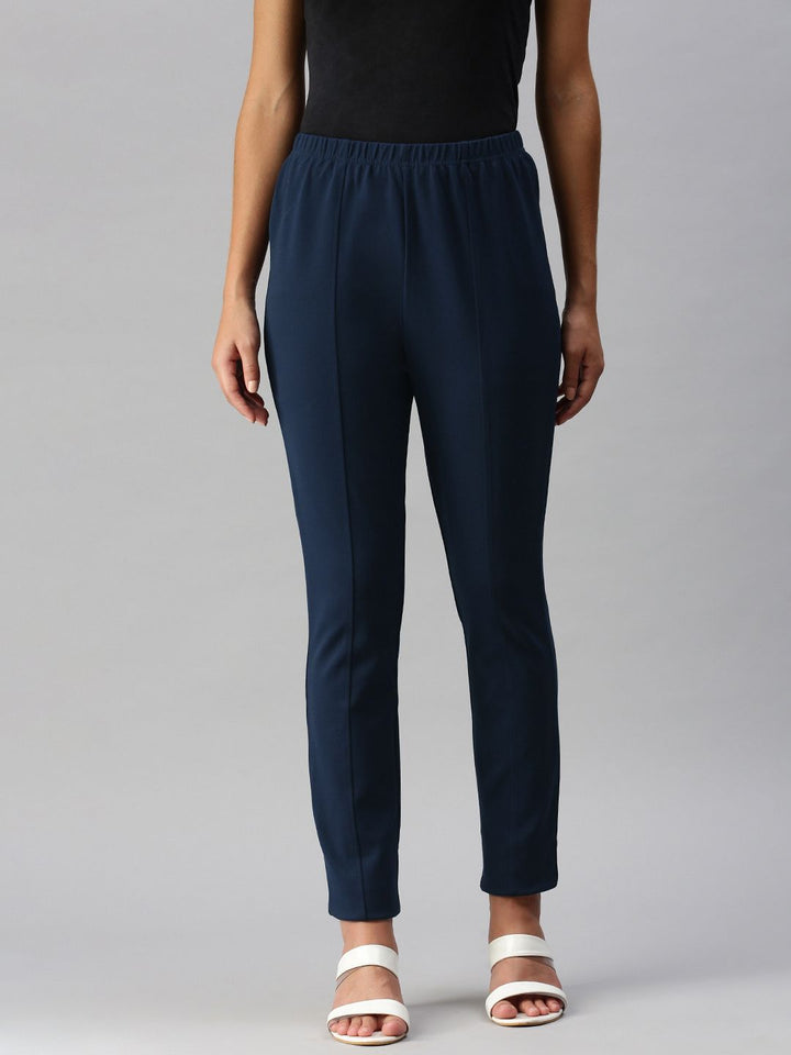 Global Desi Women Blue Solid Tapered Fit Cigarette Trousers