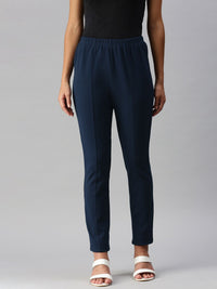 Global Desi Women Blue Solid Tapered Fit Cigarette Trousers
