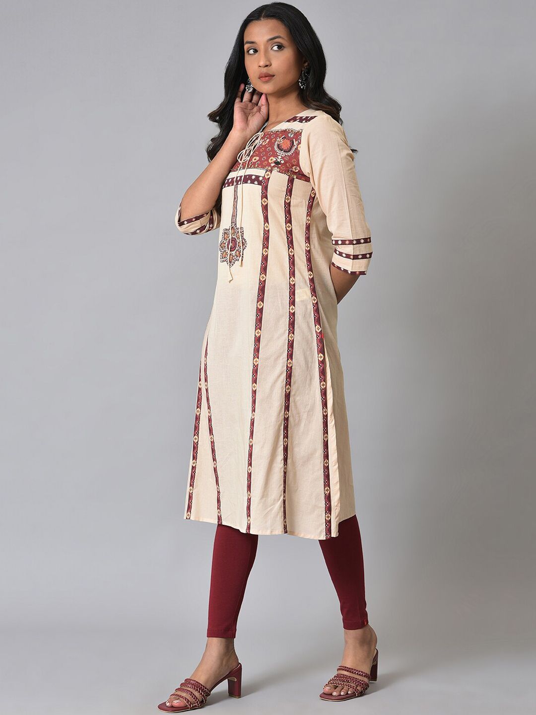 W Ethnic Motif Printed Tie Up Neck A-Line Kurta