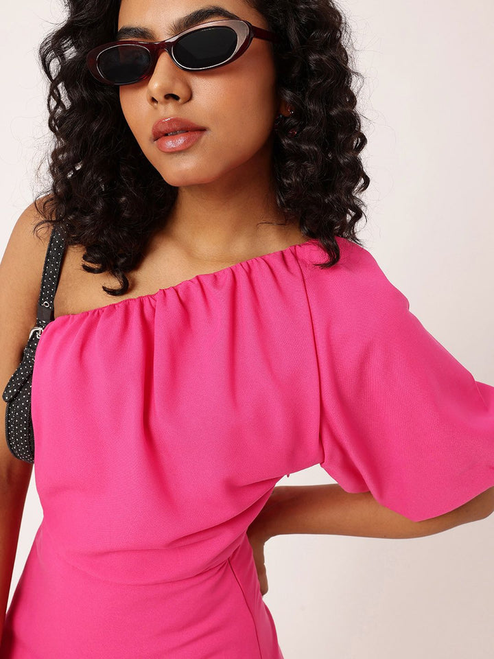 DressBerry Cute Chic One Shoulder Gathers Puff Sleeve Mini A-Line Dress