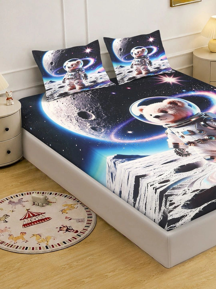 KLOTTHE Blue & Black Cartoon Characters 400 TC King Bedsheet with 2 Pillow Covers