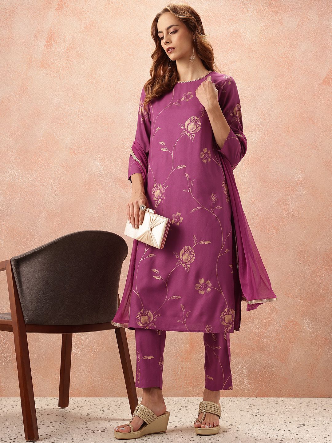 all about you Floral Printed Regular Gotta Patti Kurta with Trousers & With Dupatta