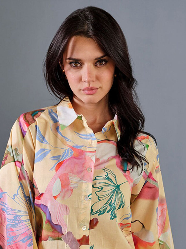 AND Floral Print Flared Sleeve Cotton Cape Top
