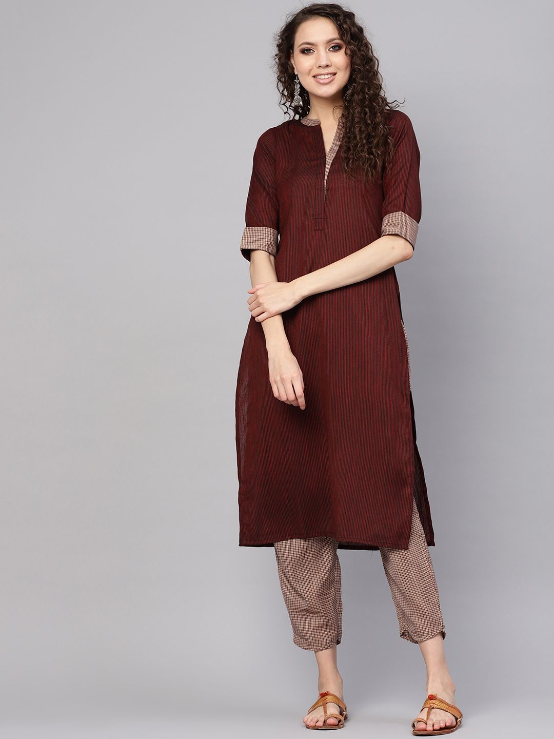 Gerua By Libas Women Brown  Maroon Striped Kurta with Trousers