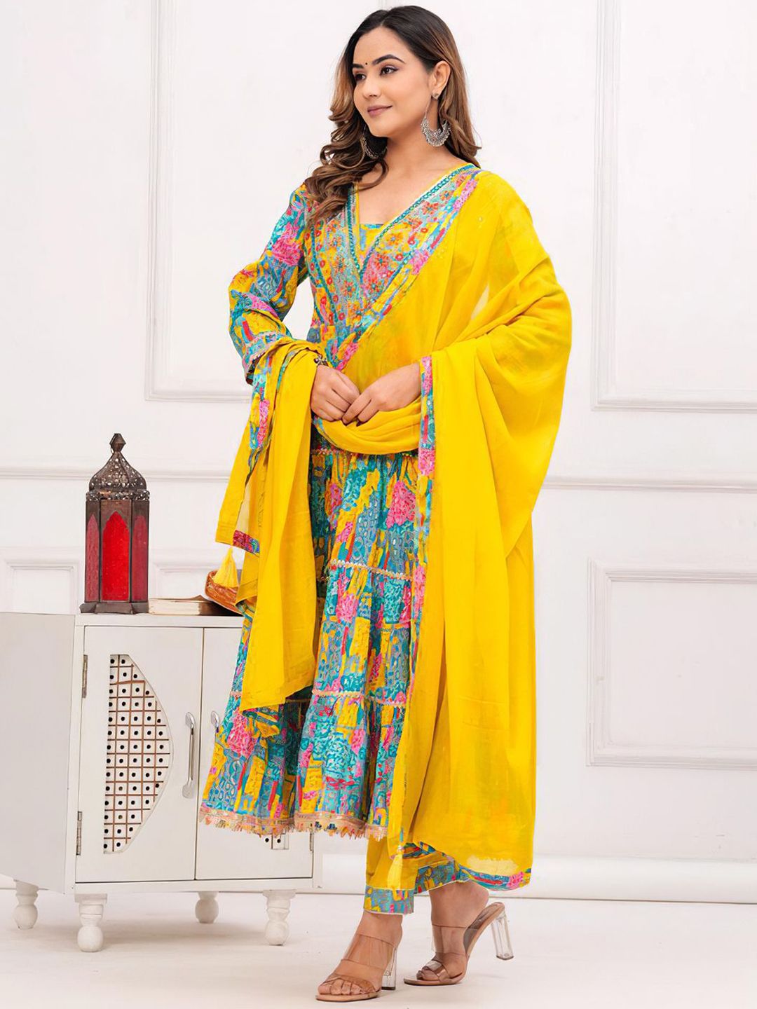 KALINI Floral Embroidered Mirror Work Anarkali Kurta With Trousers & Dupatta