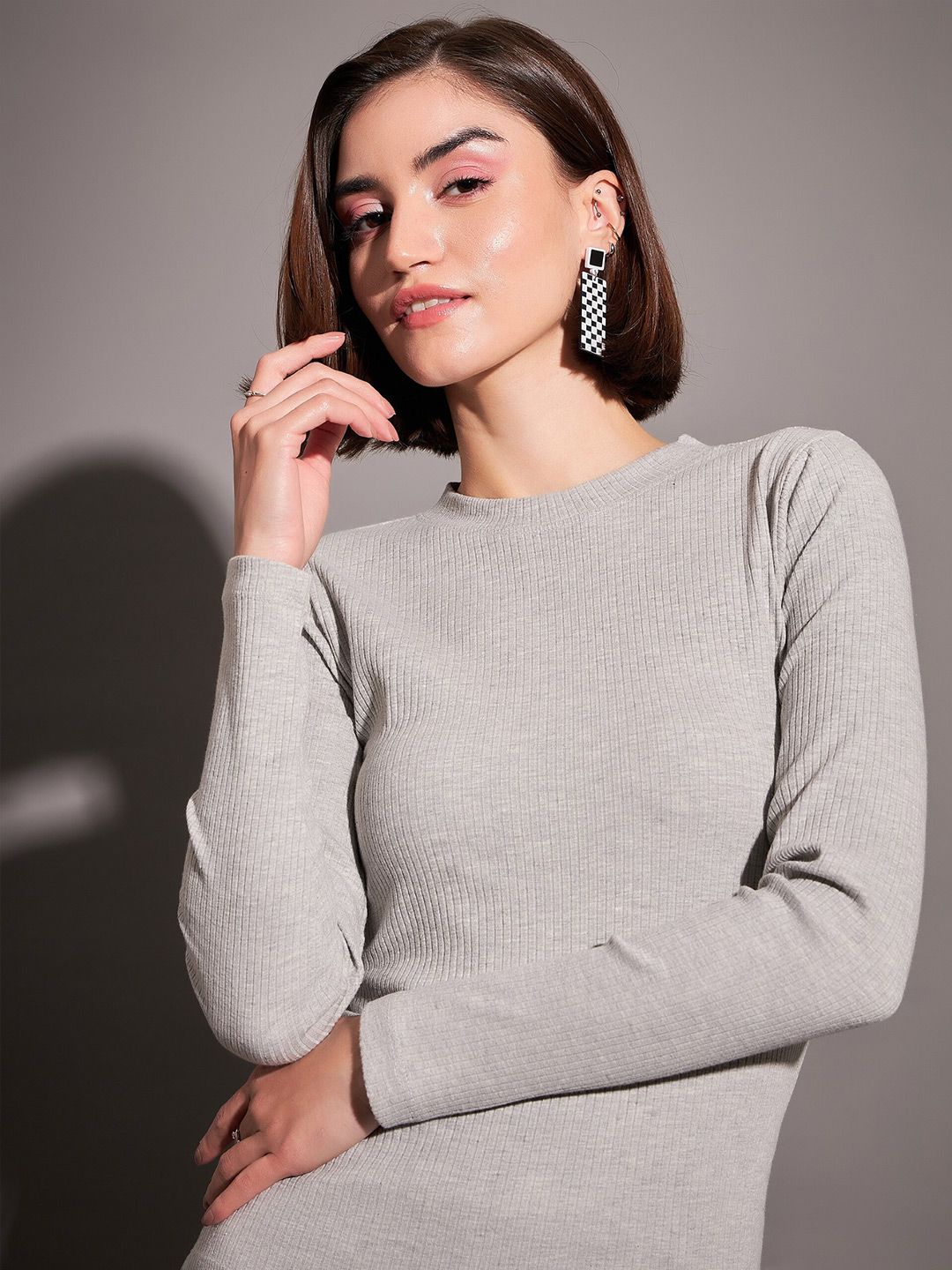 SASSAFRAS Grey Long Sleeves High Neck Fitted Top