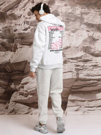 HIGHLANDER White Typography Printed Hooded Long Sleeves Oversized Pullover Sweatshirt