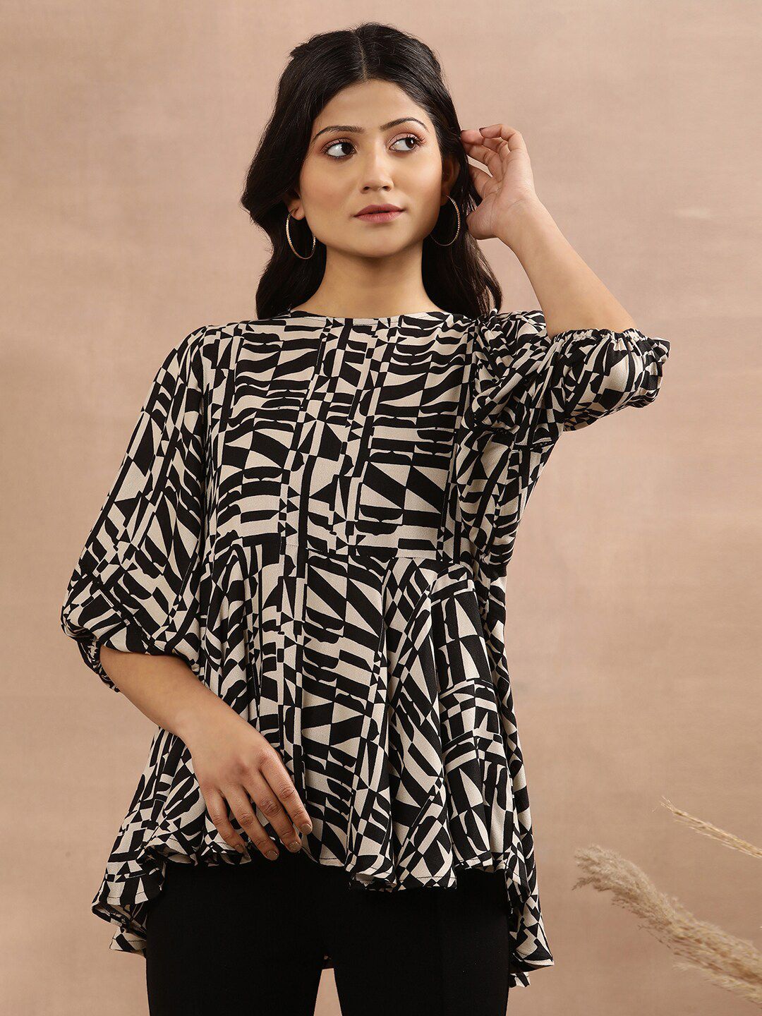 W Beige & Black Geometric Printed A-Line Top