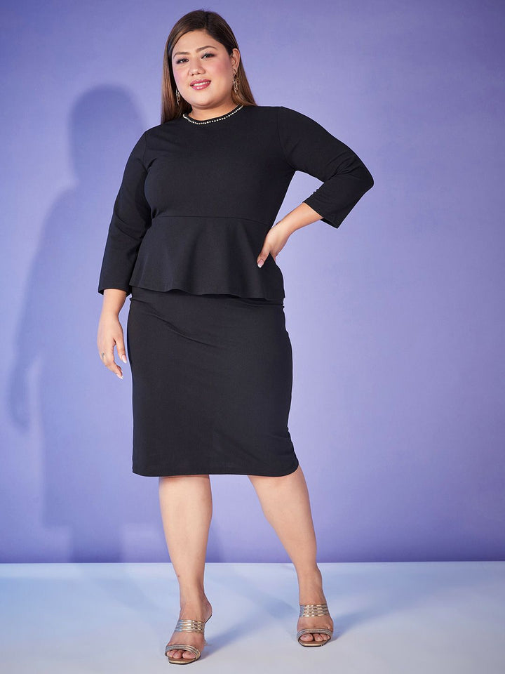 SASSAFRAS Curve Plus Size Black Round Neck Peplum Dress