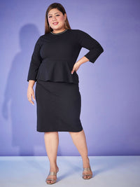 SASSAFRAS Curve Plus Size Black Round Neck Peplum Dress
