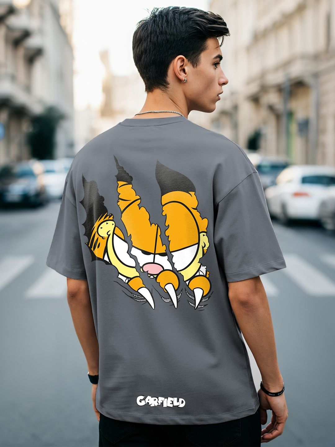 Bewakoof Garfield Graphic Printed Drop Shoulder Sleeves Cotton Oversized T-shirt