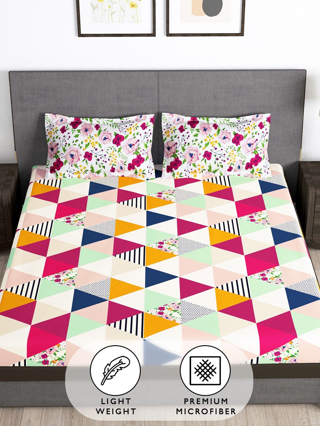 Story@home White & Pink Geometric 180 TC Queen Bedsheet with 2 Pillow Covers