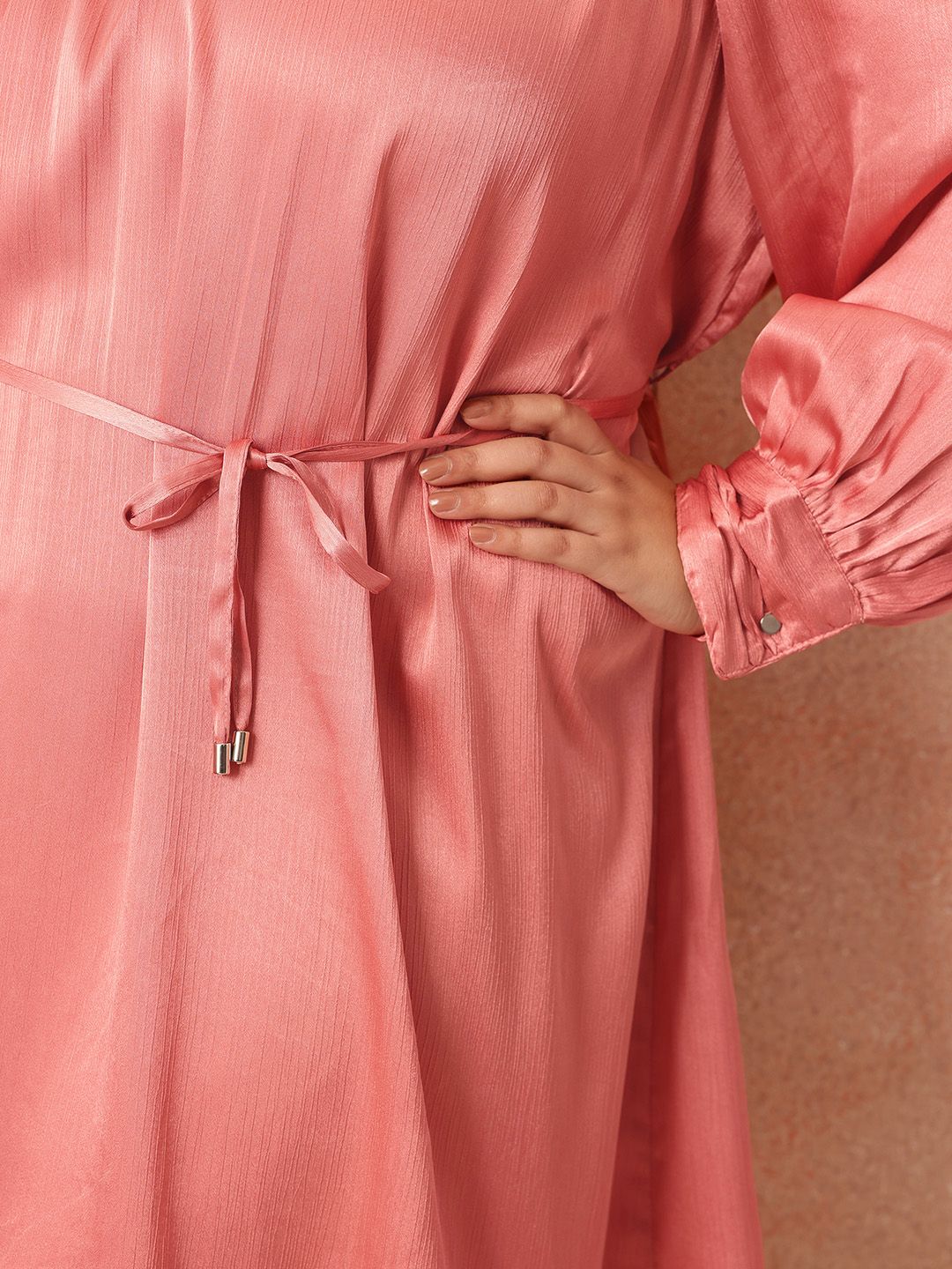 all about you Plus Size Puff Sleeve Satin Finish A-Line Party Dress with Tir-up Detail