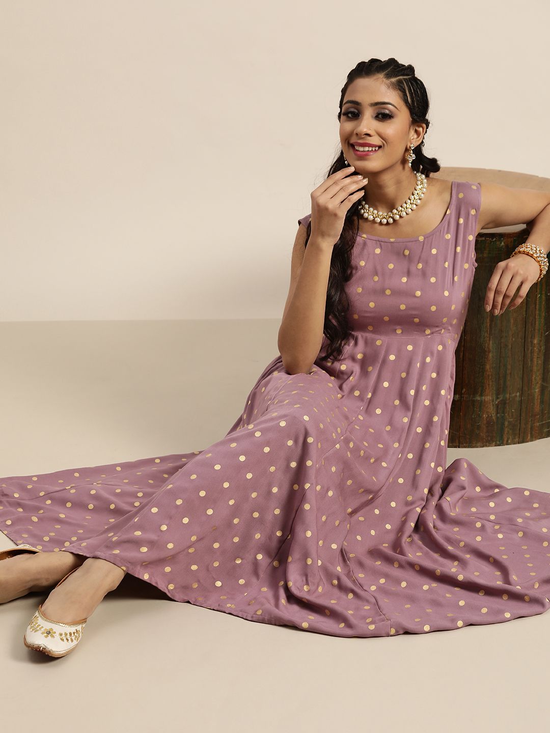Shae by SASSAFRAS Women Lavender & Golden Liva Foil Printed A-Line Dress