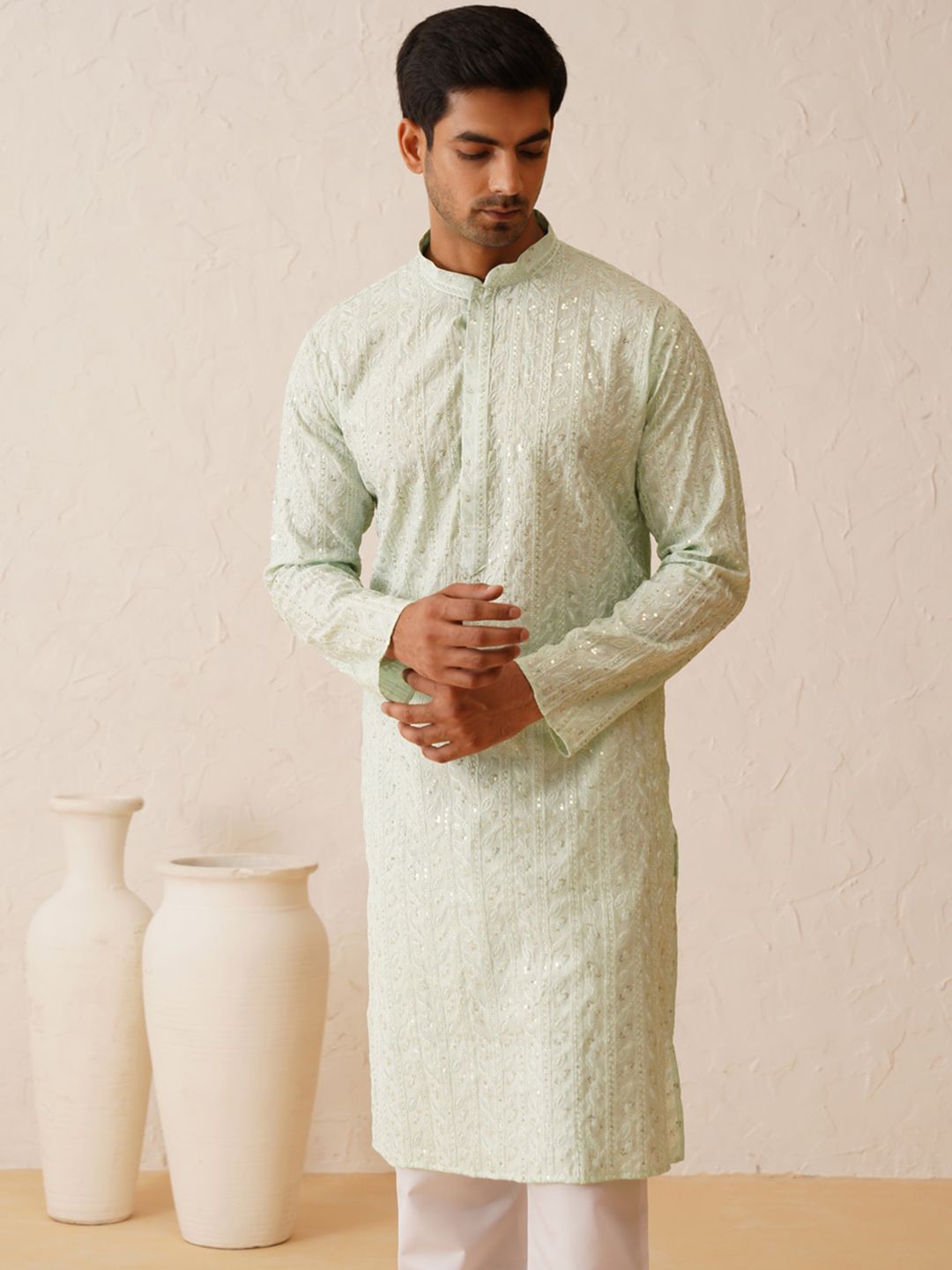 SOJANYA LUXE Mandarin Collar Embroidered Regular Thread Work Kurta with Pyjamas