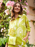 Athena Lime Green Floral Printed Linen Shirt Gaya Atas