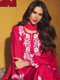 House of Chikankari Women Regular Chikankari Chanderi Silk Kurta with Trousers