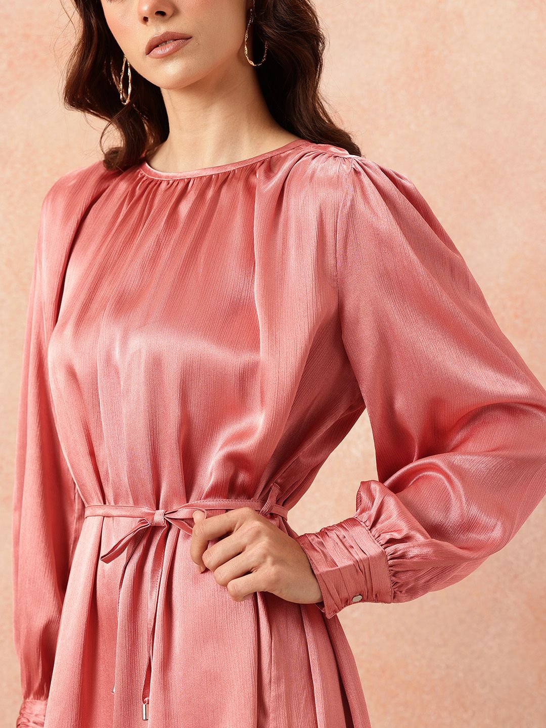 all about you Gathered Detail Bishop Sleeves Party Satin A-Line Dress with Belt